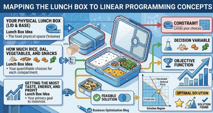 Diagram mapping a lunch box to linear programming concepts: constraint, decision variable, objective function, feasible solution, optimal solution